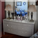 F47. Thomasville Allegro bamboo carved furniture double dresser with mirror 30”h x 56”w x 19”d